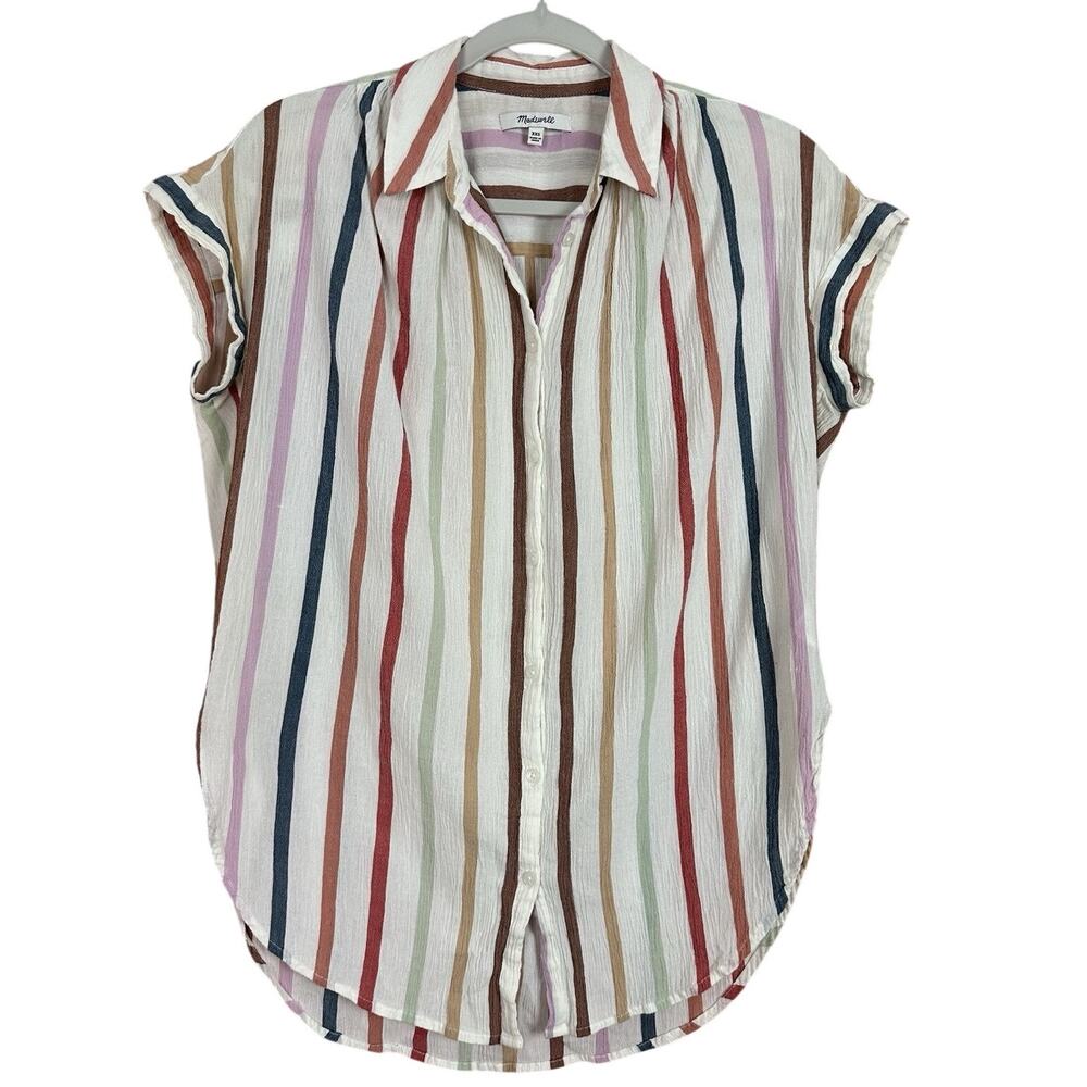 Madewell Gauzed Central Tunic Shirt In Rainbow Stripe Cap Sleeve Size XXS